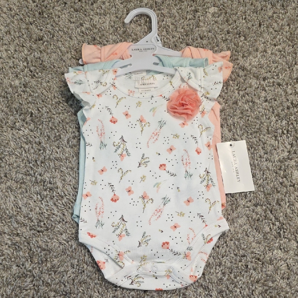 Laura Ashley Floral Baby Onesie 3pc Set with Ruffle Sleeves